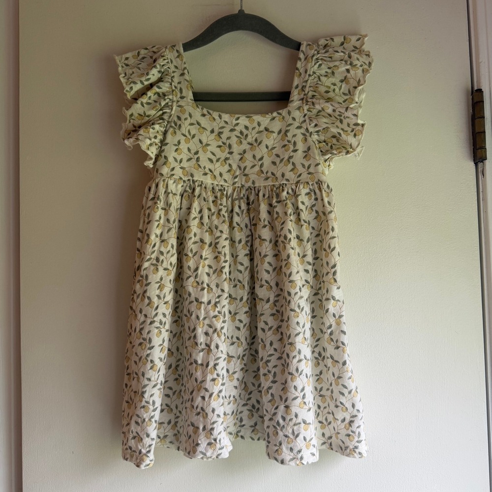 Rylee + Cru Kids Lemon Print Flutter Sleeve Cotton Slub Dress Cream 2-3Y RCSS25